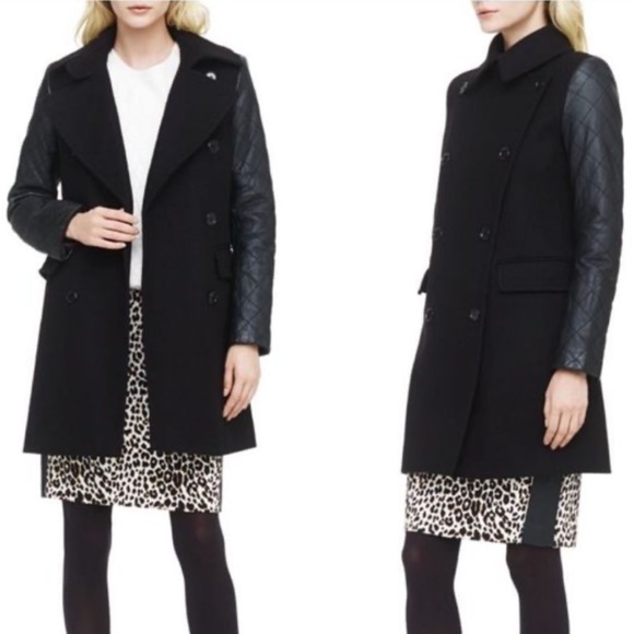 Club Monaco Carolina Italian Wool Pea Coat Lamb Leather sleeves Black size XS - Picture 1 of 13